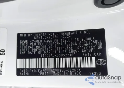 2025 Toyota Camry Le from USA, damaged, VIN 4T1DBADK5SU522109